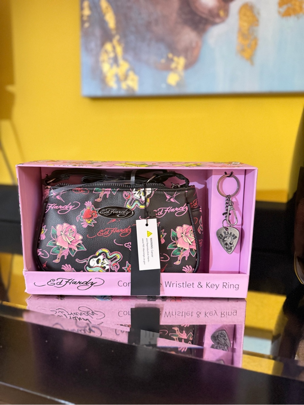 Ed Hardy Black & Pink Floral Wristlet Crossbody